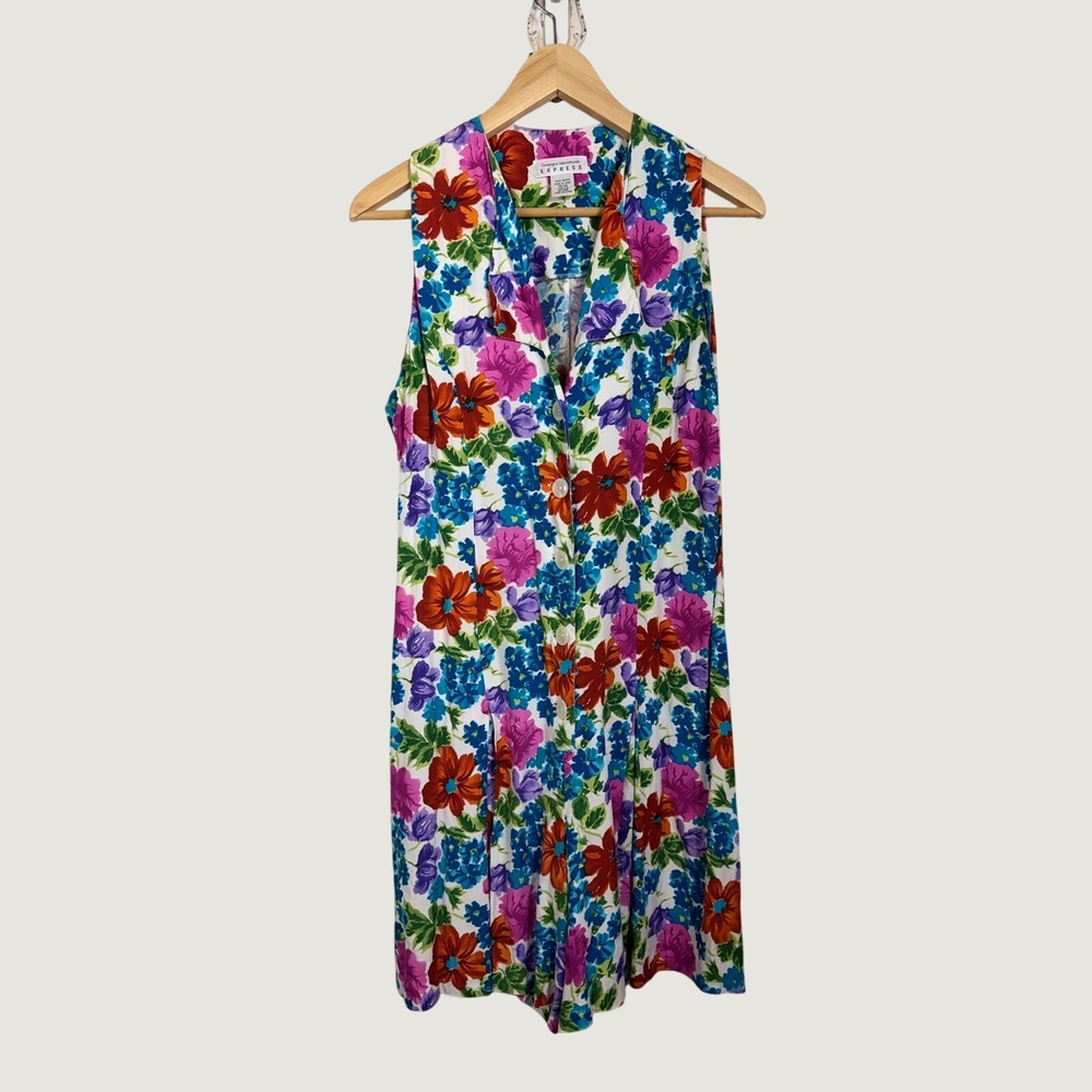 Express Romper Women 13/14 Multicolor Floral Vintage 90s Rayon Sleeveless V-Neck